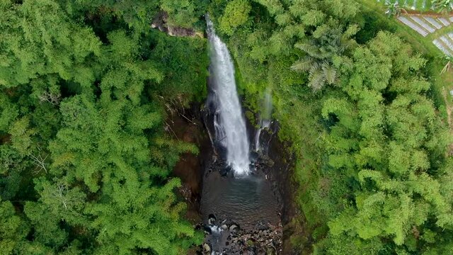 Exotic Curug Silawe waterfall surrounded by tropical landscape, Java, Indonesia