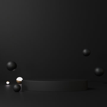 Dark black 3d rendering with geometric shapes, podium on the floor. Platforms for product presentation, Abstract composition design, showcase, pedestal , copy space, sale, promotion © N ON NE ON