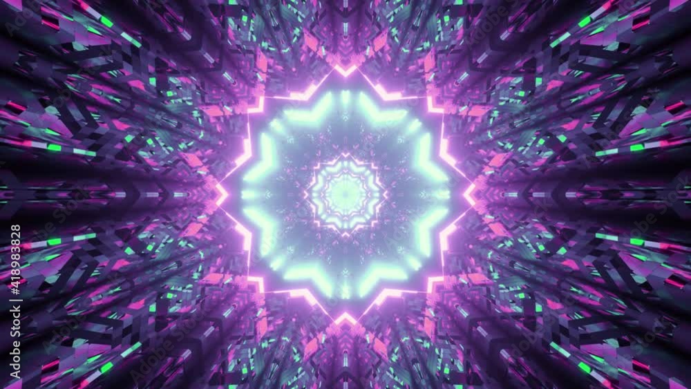 Poster a 3d rendering futuristic background with colorful laser neon lights and kaleidoscope portal pattern