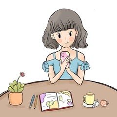 digital painting hand draw illustration with pencil texture character design. Cute  pink cheek girl is using smartphone while doing task isolated on white background.