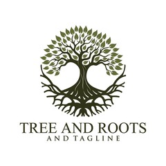 Root Of The Tree logo illustration. Vector silhouette of a tree,Abstract vibrant tree logo design, root vector - Tree of life logo design inspiration isolated on white background.