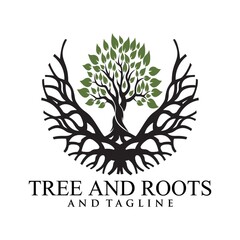 Obraz premium Root Of The Tree logo illustration. Vector silhouette of a tree,Abstract vibrant tree logo design, root vector - Tree of life logo design inspiration isolated on white background.