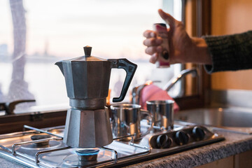camping van with coffee stove