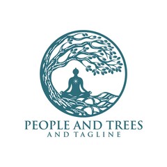 Tree yoga logo. Silhouette of a person in meditation in a round frame. The image of nature, the tree of life. Design of the emblem of the trunk, leaves, crown and roots of the tree, Yoga logo vector.