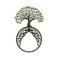 Root Of The Tree logo illustration. Vector silhouette of a tree,Abstract vibrant tree logo design, root vector - Tree of life logo design inspiration isolated on white background.