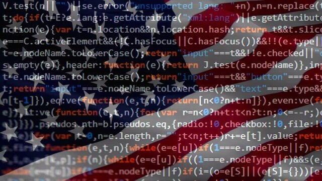 USA flag with code background text video waving in wind. Realistic USA hack background. USA hackers cyberspace Flag Looping Closeup 1080p Full HD 1920X1080 footage. United States country flags footage