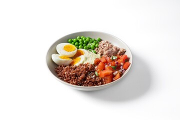 Bowl with rice, tuna, green peas and chopped tomatoes