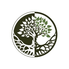 Root Of The Tree logo illustration. Vector silhouette of a tree,Abstract vibrant tree logo design, root vector - Tree of life logo design inspiration isolated on white background.