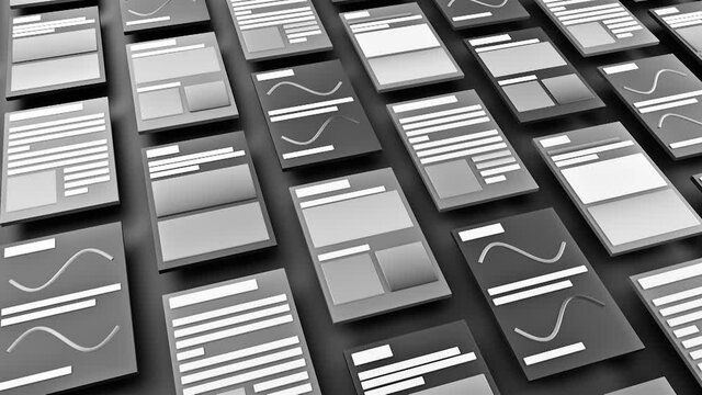 Abstract schematic view of monochrome newspapers articles. Animation. Many black and white rows of digital pages with lines and titles.