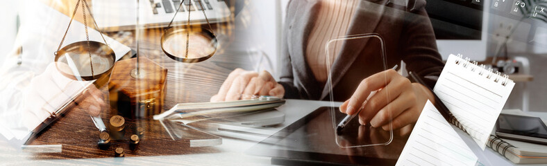Business and lawyers discussing contract papers with brass scale on desk in office. Law, legal services, advice, justice and law concept picture with film grain effect