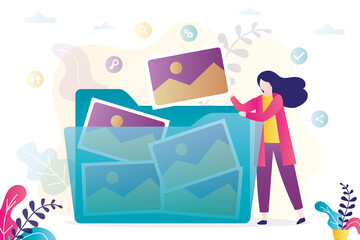Huge folder with collection of different photos. Female character pulls out photo from archive. Concept of content storage,