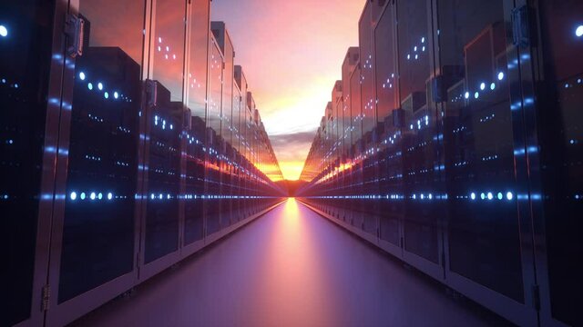Data center with endless servers against blue sky with clouds. Cloud computing and computer networking concept