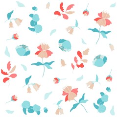 Hello spring. Set of cute hand-drawn Spring flowers. Many bright and beautiful flowers. Cute floral seamless pattern. Vector background with flowers and leaves.