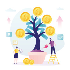 Business team grows large tree with gold coins and bills. Businessman holds watering can and watering money tree.