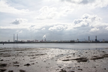 Fototapeta premium Misty view from across the water on Poolberg peninsula, with the chimneys of the power generation station, 