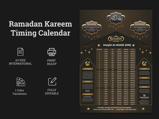 Ramadan Kareem Fasting and Prayer time Guide, Ramadan Kareem banner with 3d metallic golden Colour Gradient.Ramadan schedule for Prayer times in Ramadan. Ramadan schedule for Prayer Times