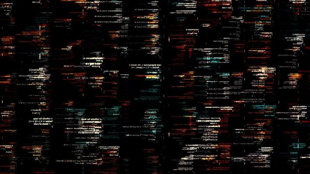 Abstract details of computer language, lines flowing on black background, seamless loop. Animation. Programming code elements on computer screen.