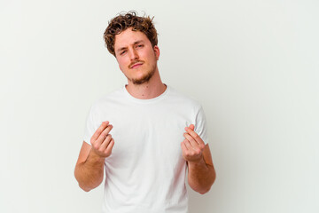 Young caucasian man isolated on white background showing that she has no money.