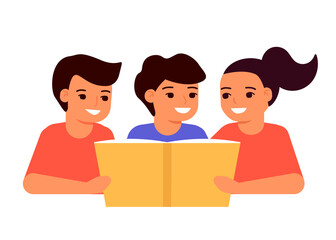 Fototapeta premium Children read book together and enjoy literature. An open book for reading, learning, education and entertainment. Cute boy and girl love to read, learn. Vector