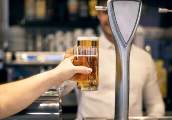 Barman toasting with his customer in a bar