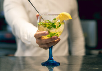 Barman serving mojito cocktail on a balloon cup. Concept for alcoholic drinks and cocktails.