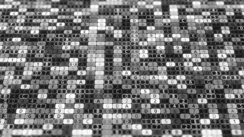 Poster animation with changing numbers and letters. animation. black and white cells with different values 