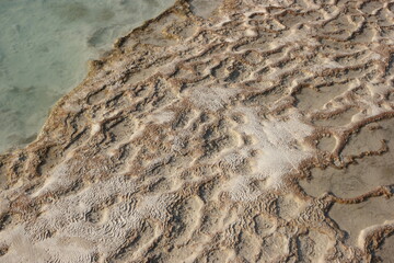 Thermal springs Pamukkale, Turkey. The old calcium bath and travertine water. Calcium carbonate mineral deposits background.