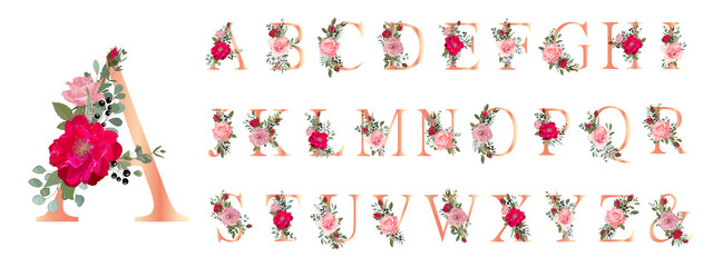 Floral Alphabet. Set letters with botanical bouquet. Wedding invitations, greeting card, birthday, logo, poster other ideas. Vector illustration. © O.Yu