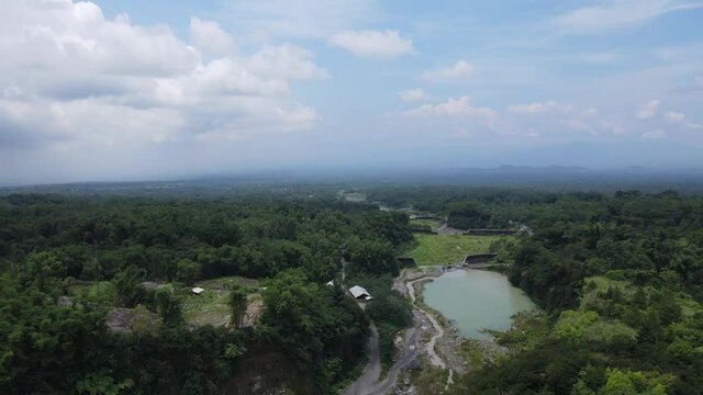 River with protective dams system by sand mine near Mount Merapi, Indonesia