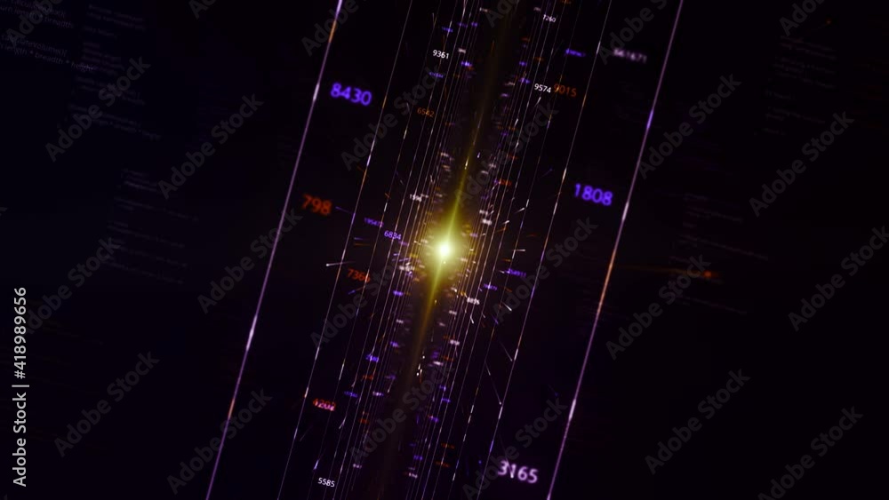 Poster moving towards virtual light. animation. dive into cyberspace through corridor of flying numbers. mo