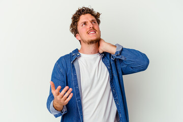 Young caucasian man isolated on white background screaming with rage.