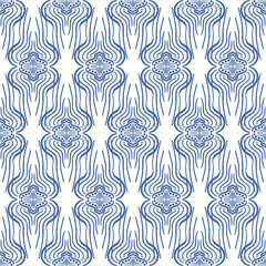 vector blue ethnic freeform lines seamless pattern on white