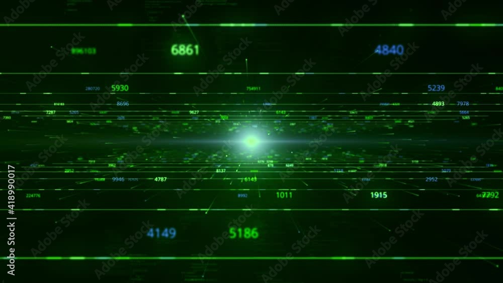 Aufkleber virtual space in matrix with flying numbers and light. animation. cyberspace with 3d field and numbe