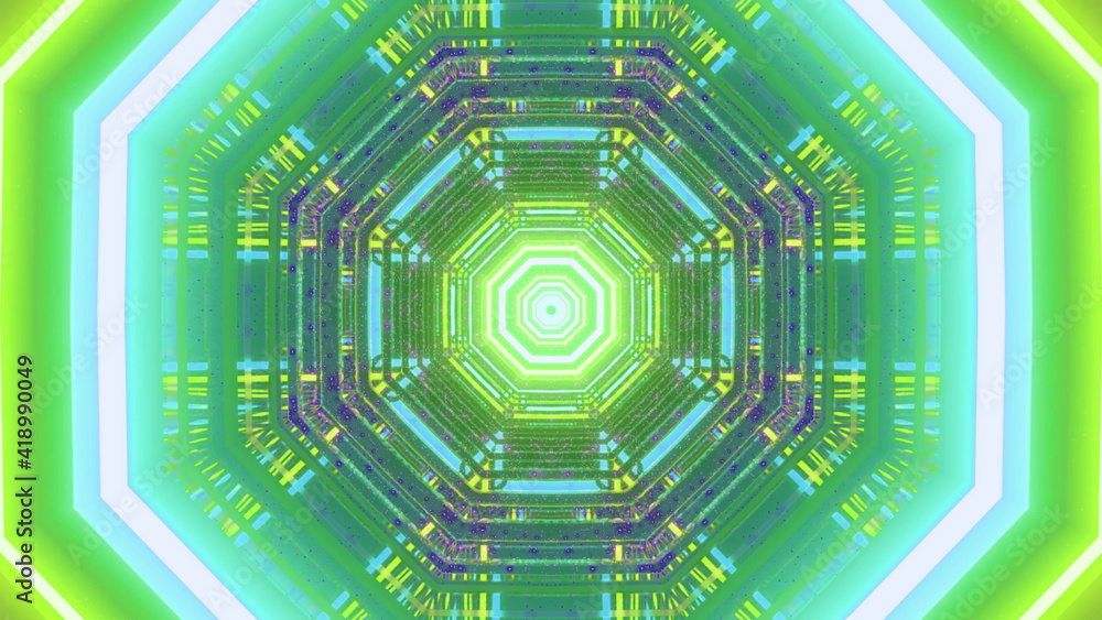 Poster 3d rendering futuristic background with colorful laser neon lights and kaleidoscope portal patterns