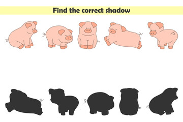 Find correct shadows of cute pigs. Educational logical game for kids isolated on white background. Vector illustration