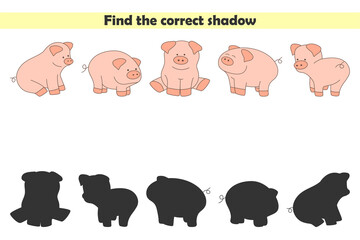 Find correct shadows of cute pigs. Educational logical game for kids isolated on white background. Vector illustration