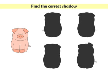 Find correct shadows of cute pig. Educational logical game for kids isolated on white background. Vector illustration