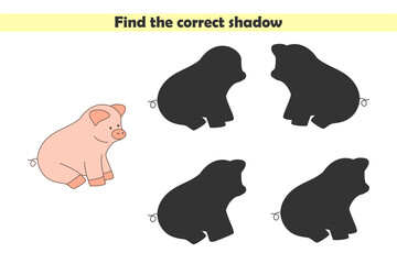 Find correct shadows of cute pig. Educational logical game for kids isolated on white background. Vector illustration