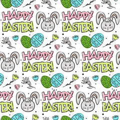 Hand-drawn pattern with easter eggs, rabbit and flowers. Colored spots on the background. Seamless Easter vector pattern in doodle style.