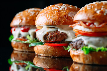 Juicy beef Burgers on a black background.