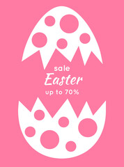 Easter sale banner background template with big agg on pink background. Design for holiday flyer, poster, greeting card, party invitation. Vector illustration.