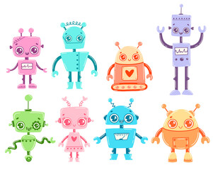 Doodle stijl platte vector cartoon robots set