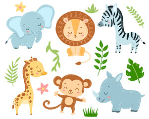 Doodle Style Flat Vector Cartoon Safari Animals Set - obrazy, fototapety, plakaty