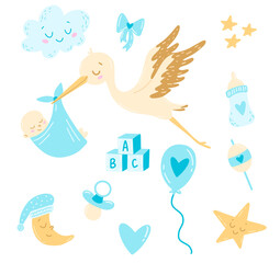 Doodle style flat vector сartoon stork with newborn baby boy set