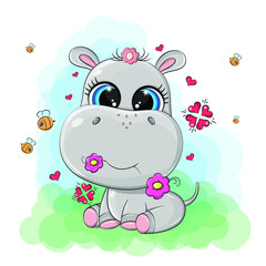 Obraz na płótnie Canvas A funny hippo is sitting in a blooming meadow with grass and flowers, bees are flying around the animal. Vector image of an animal is made in a cartoon style.