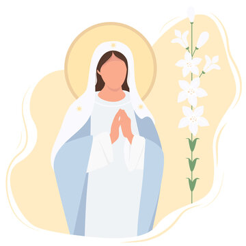 Holiday - Annunciation to the Blessed Virgin Mary. Mother of Jesus Christ pray accepting the good news.Vector illustration. card Mary and lily - Great Feasts of the Orthodox And the Catholic Church