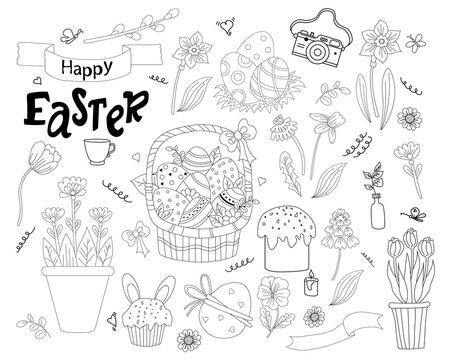 Set of Easter doodles - basket with eggs, cupcake, Easter cakes, Easter bunny, flowers and leaves, pussy willow and tulips, dandelion and daffodil. Vector. line. decor for Easter design