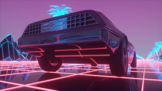 Retro car of the future, retrowave style back to the 1980's