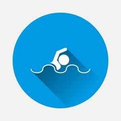 Swimming vector icon on blue background. Flat image with long shadow.