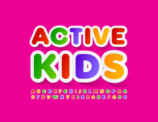 Fototapeta na wymiar Vector colorful sign Active Kids. Creative style Font. Bright set of Alphabet Letters and Numbers